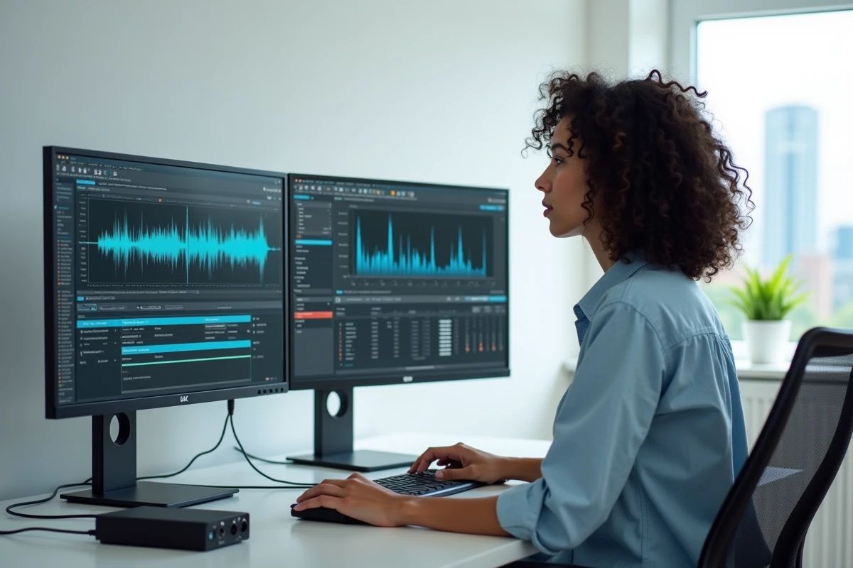 Femme utilisant un logiciel de conversion audio pour améliorer la qualité de fichiers MP3 sur un poste de travail professionnel