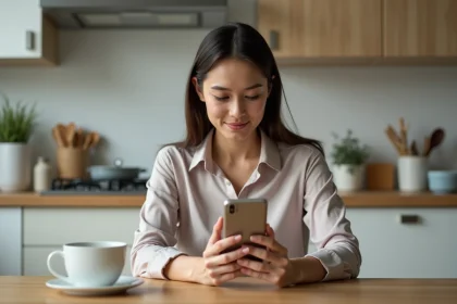 Femme utilisant un smartphone dans la cuisine moderne
