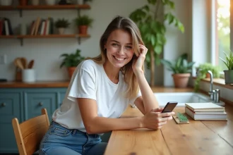 Jeune femme souriante utilisant son smartphone dans une cuisine lumineuse