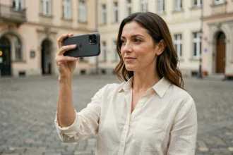 Femme tenant un Google Pixel 9 Pro XL pour photographier en milieu urbain