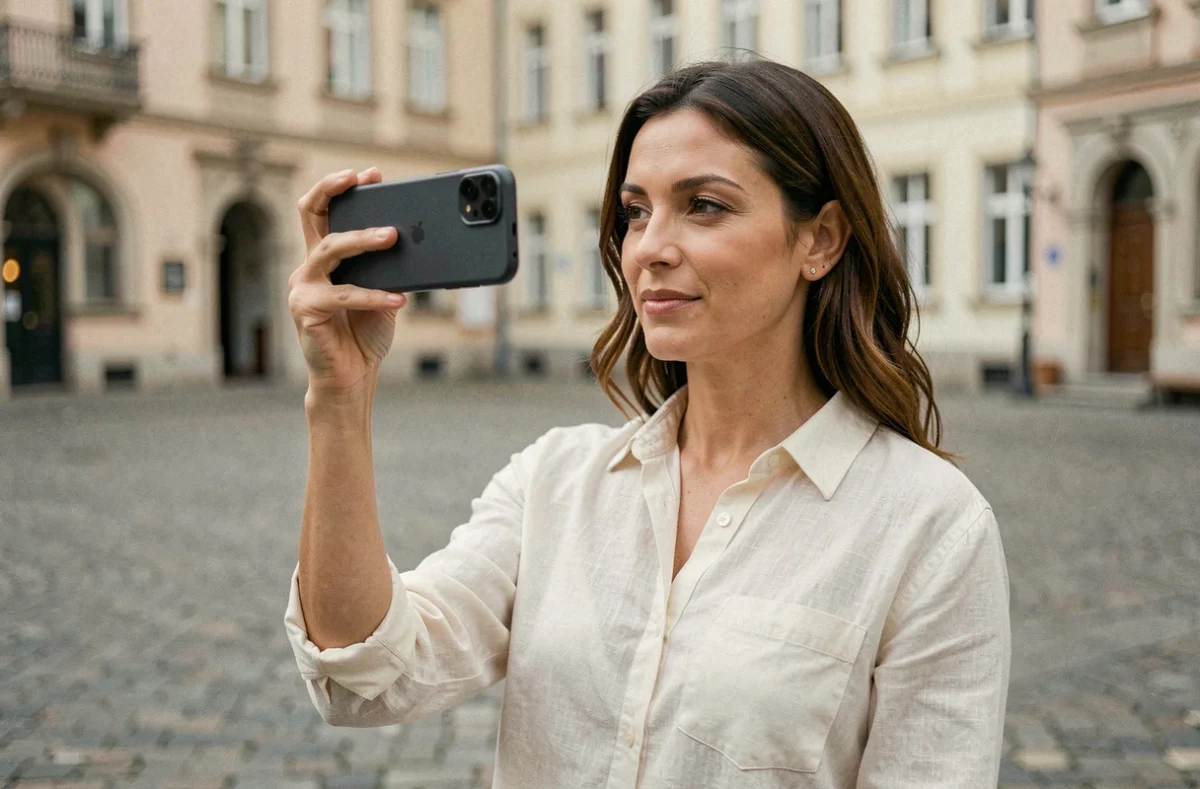 Femme tenant un Google Pixel 9 Pro XL pour photographier en milieu urbain