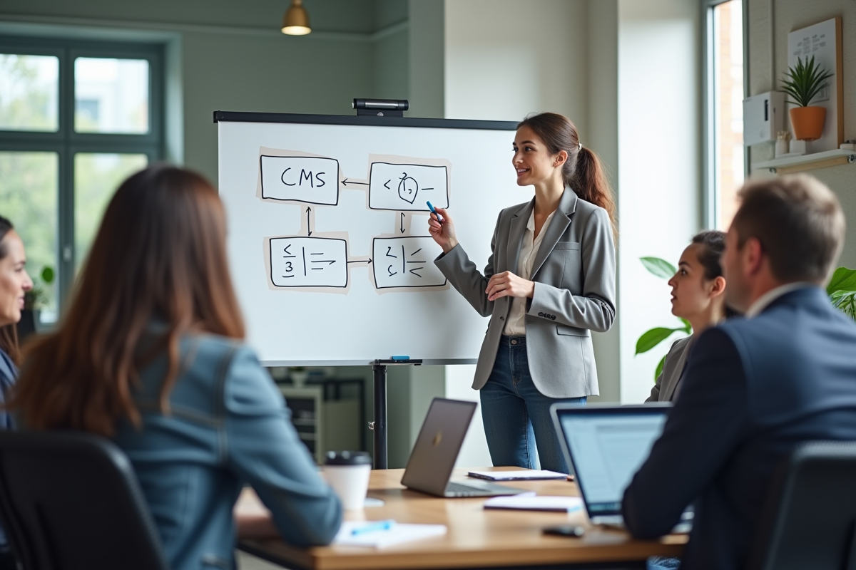 Femme expliquant un diagramme sur un tableau blanc en réunion