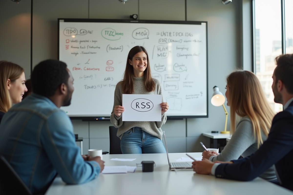 Jeune femme présentant un diagramme RSS en réunion