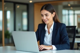 Femme professionnelle au bureau en train de taper sur son ordinateur