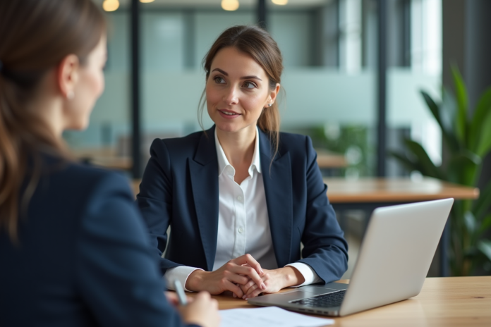 femme-professionnelle-bureau Femme d affaires en réunion dans un bureau moderne