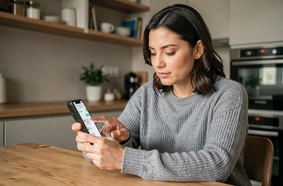 Femme utilisant WhatsApp sur son smartphone pour programmer un message automatique depuis sa cuisine