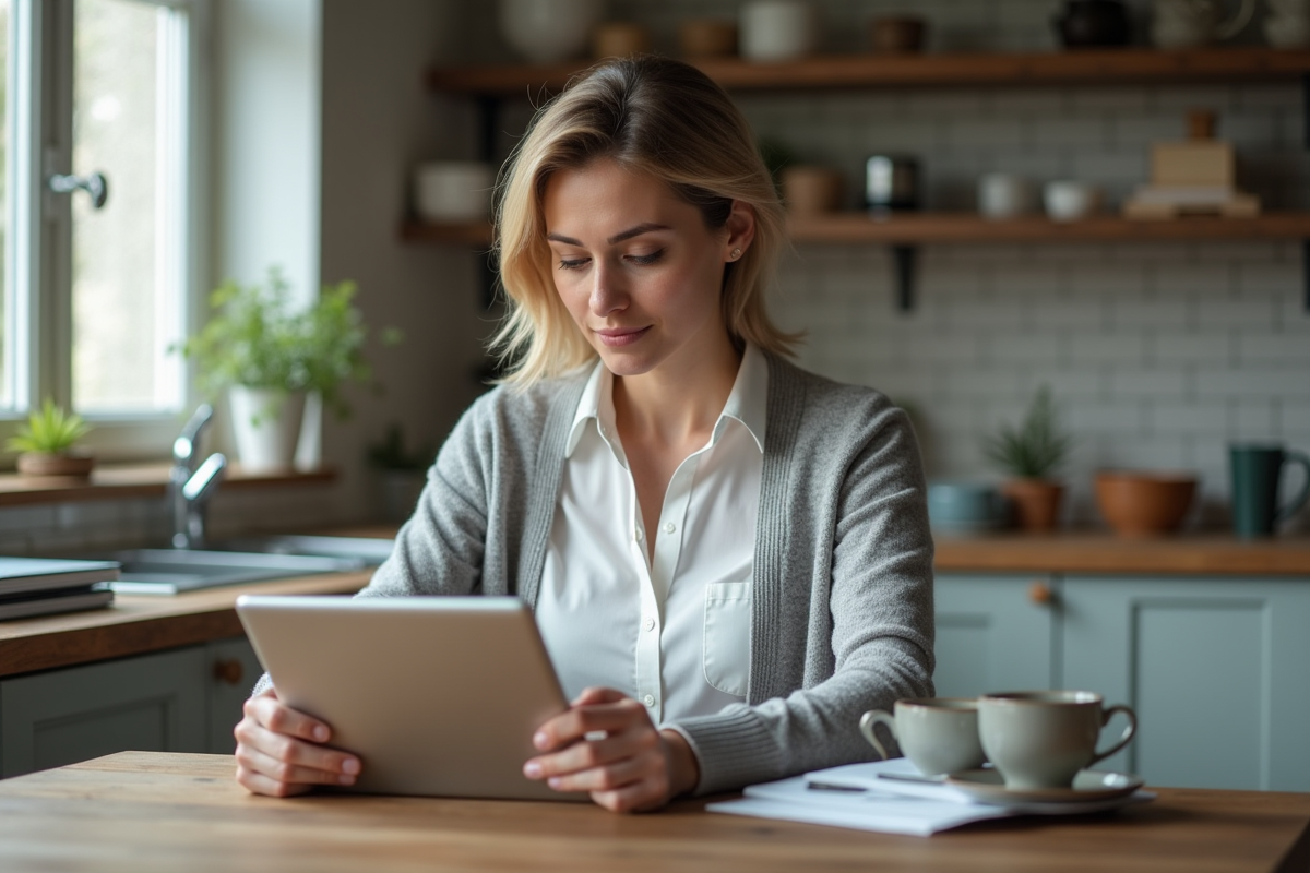 Femme vérifiant certificats SSL sur une tablette à la maison