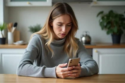 Femme inquiète consultant son iPhone pour récupérer des SMS supprimés dans une cuisine moderne