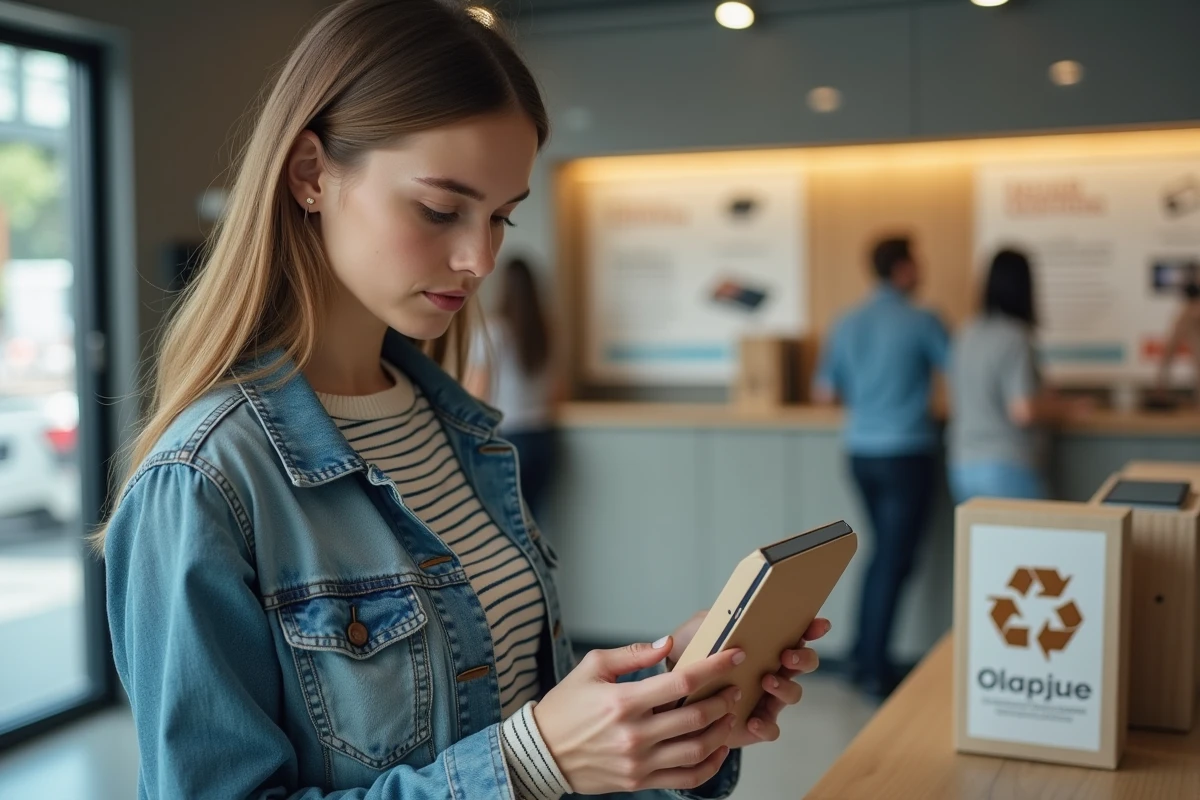 Jeune femme avec bo&icirc;te de smartphone recycl&eacute;