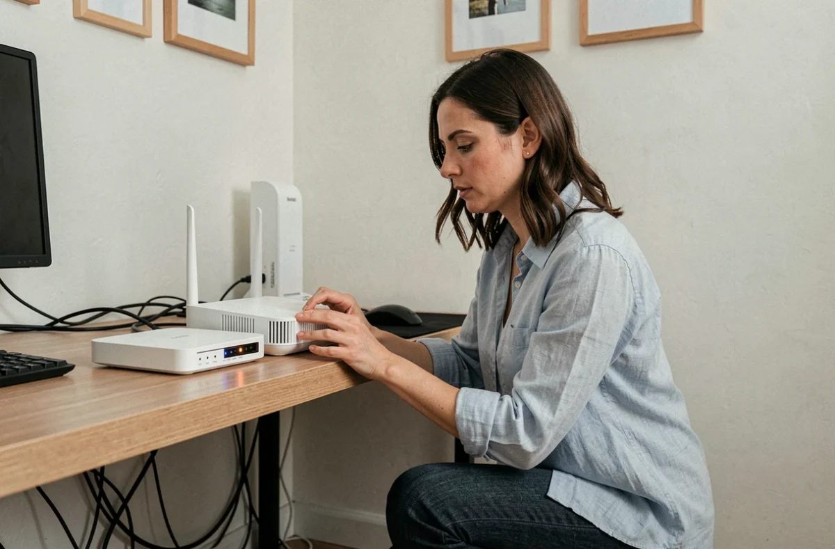 Femme inspectant un routeur fibre Orange pour diagnostiquer une erreur de connexion TV