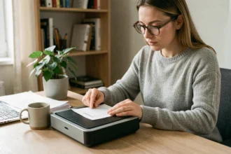 Femme scannant un document avec un scanner à plat connecté à un ordinateur portable dans un bureau à domicile moderne