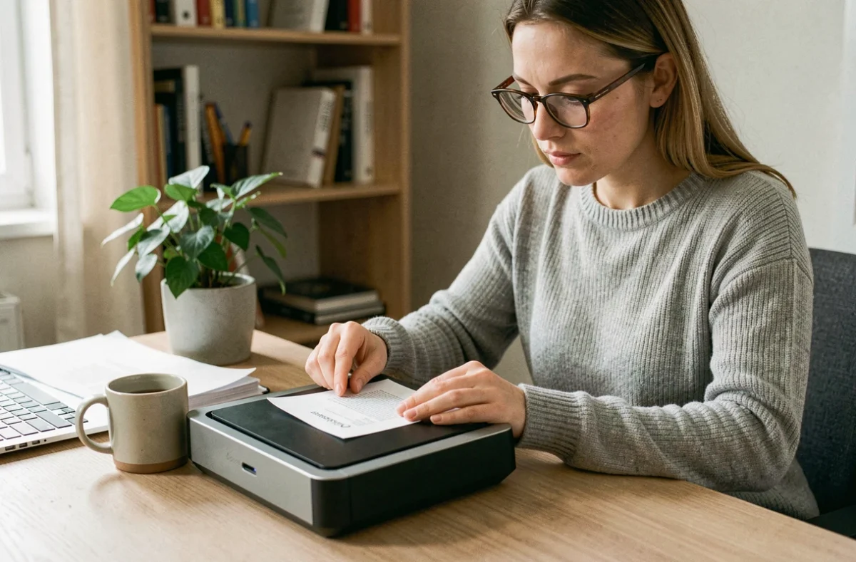 Femme scannant un document avec un scanner à plat connecté à un ordinateur portable dans un bureau à domicile moderne