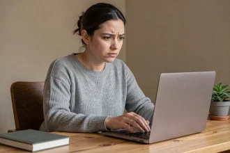 Femme concentrée vérifiant la sécurité d'un site vidéo en ligne sur son ordinateur portable dans un bureau à domicile
