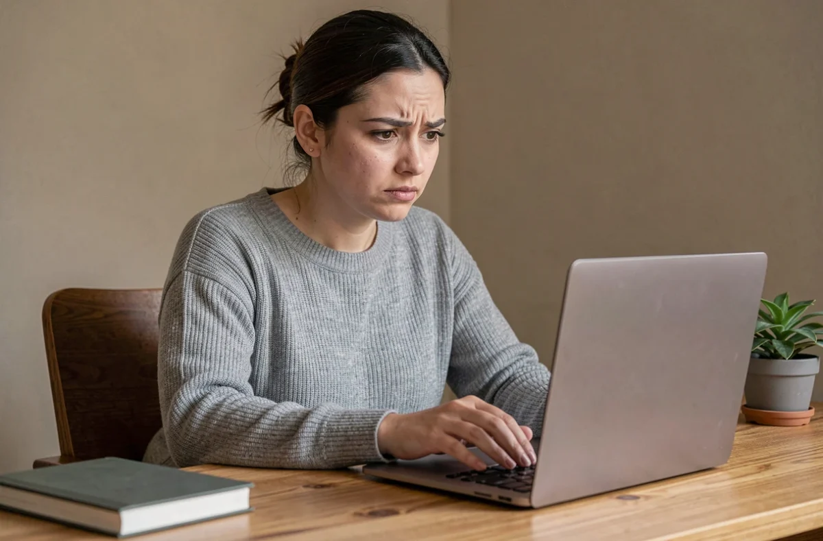 Femme concentrée vérifiant la sécurité d'un site vidéo en ligne sur son ordinateur portable dans un bureau à domicile