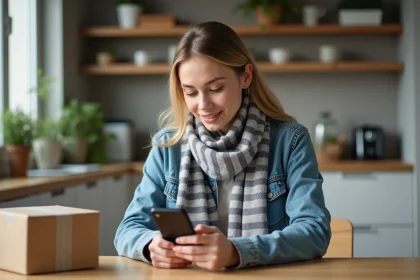 Jeune femme avec smartphone dans une cuisine moderne