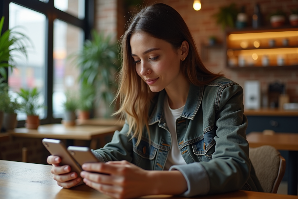 Jeune femme compare deux smartphones dans un café