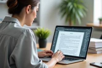 Femme travaillant sur un PDF pour supprimer des pages via une interface logicielle sur ordinateur portable