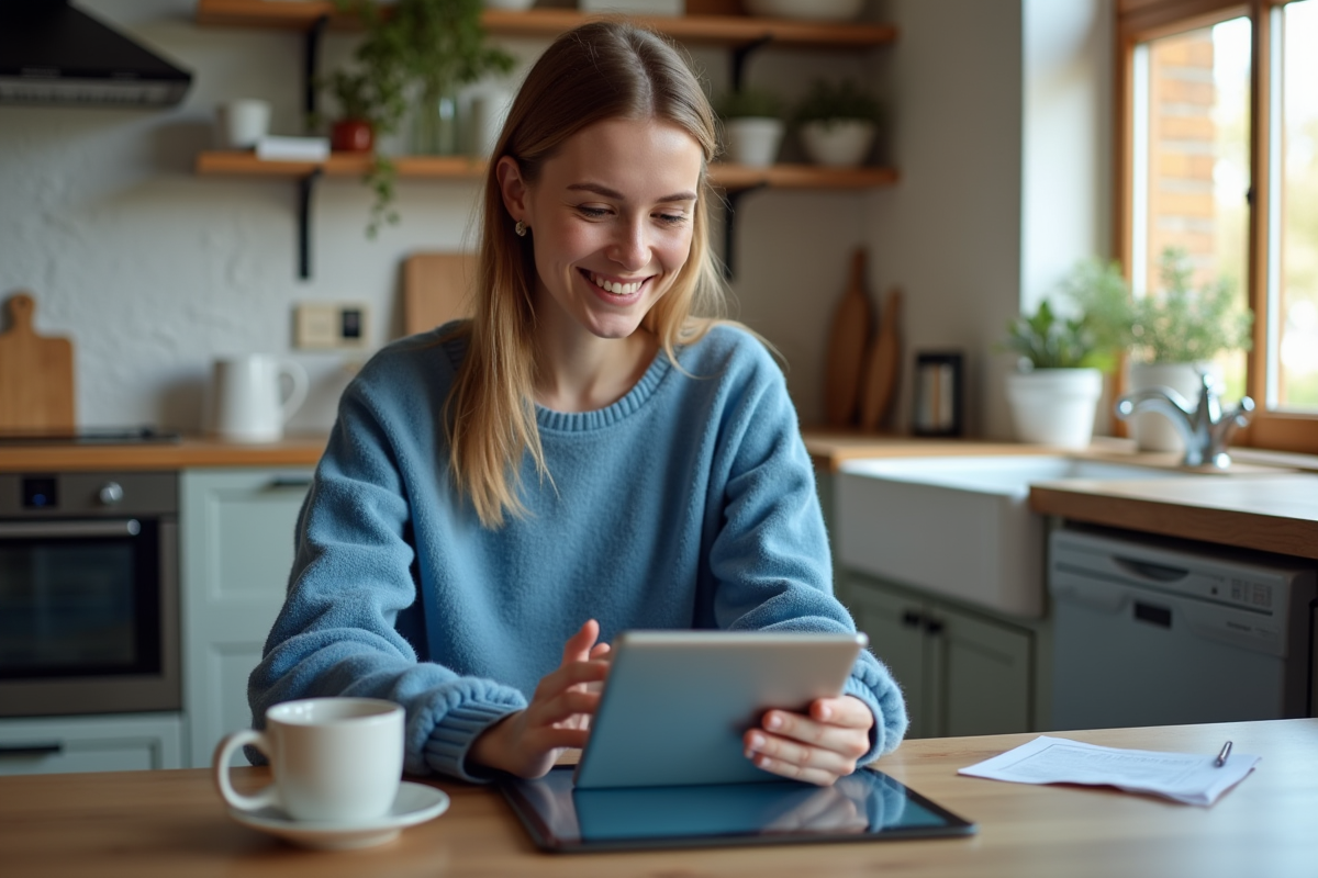 Jeune femme déplaçant des fichiers sur une tablette dans la maison