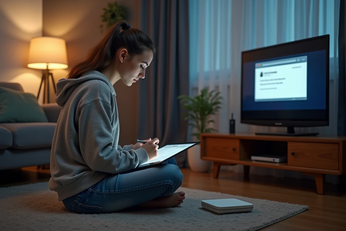 Femme avec tablette et erreur sur &eacute;cran de TV