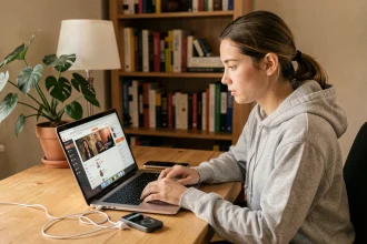 Jeune femme téléchargeant de la musique depuis YouTube sur un lecteur MP3 à son bureau