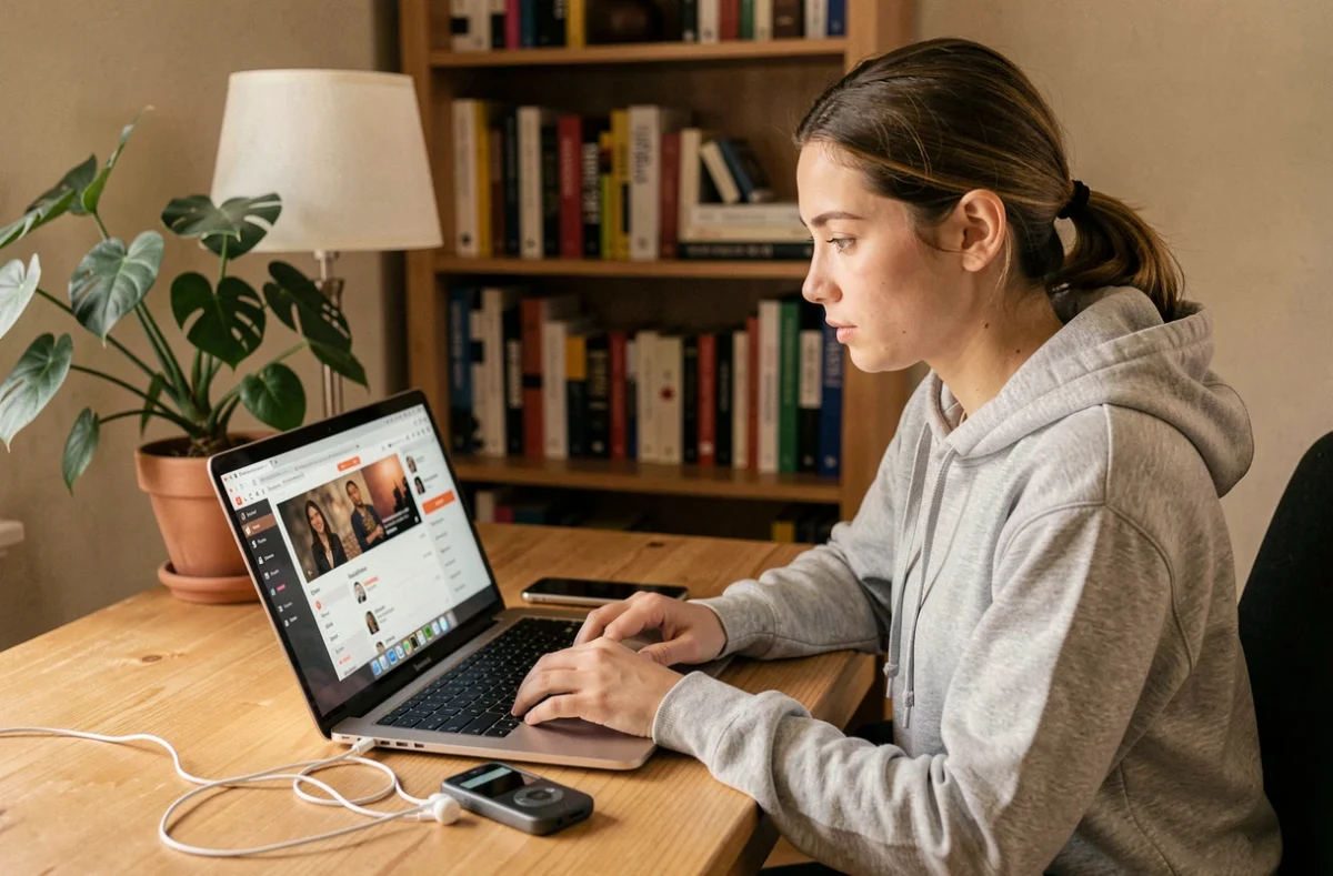 Jeune femme téléchargeant de la musique depuis YouTube sur un lecteur MP3 à son bureau