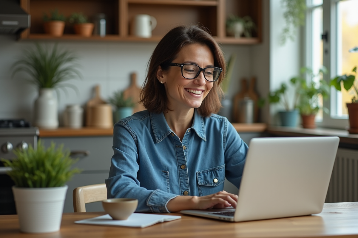 Femme en télétravail participant à une réunion vidéo à la maison