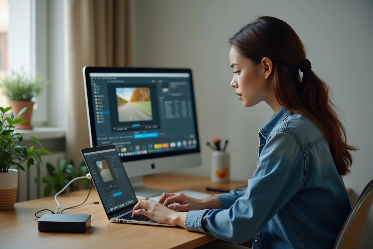 Jeune femme utilisant un ordinateur pour convertir une vidéo