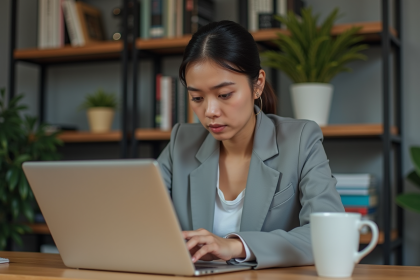 Jeune femme concentrée sur son ordinateur dans un bureau moderne