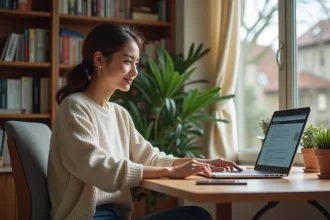 Jeune femme travaillant sur son ordinateur dans un bureau cosy