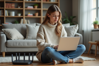 Jeune femme travaillant sur un laptop dans un salon moderne