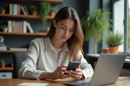 Jeune femme au bureau vérifiant ses appels sur smartphone
