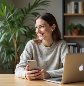 Femme souriante travaillant sur son ordinateur à la maison