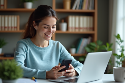 Femme lisant un code de vérification sur son smartphone dans un bureau cosy