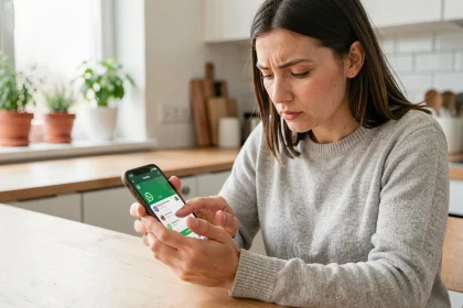 Femme vérifiant le destinataire avant d'envoyer un message programmé sur WhatsApp