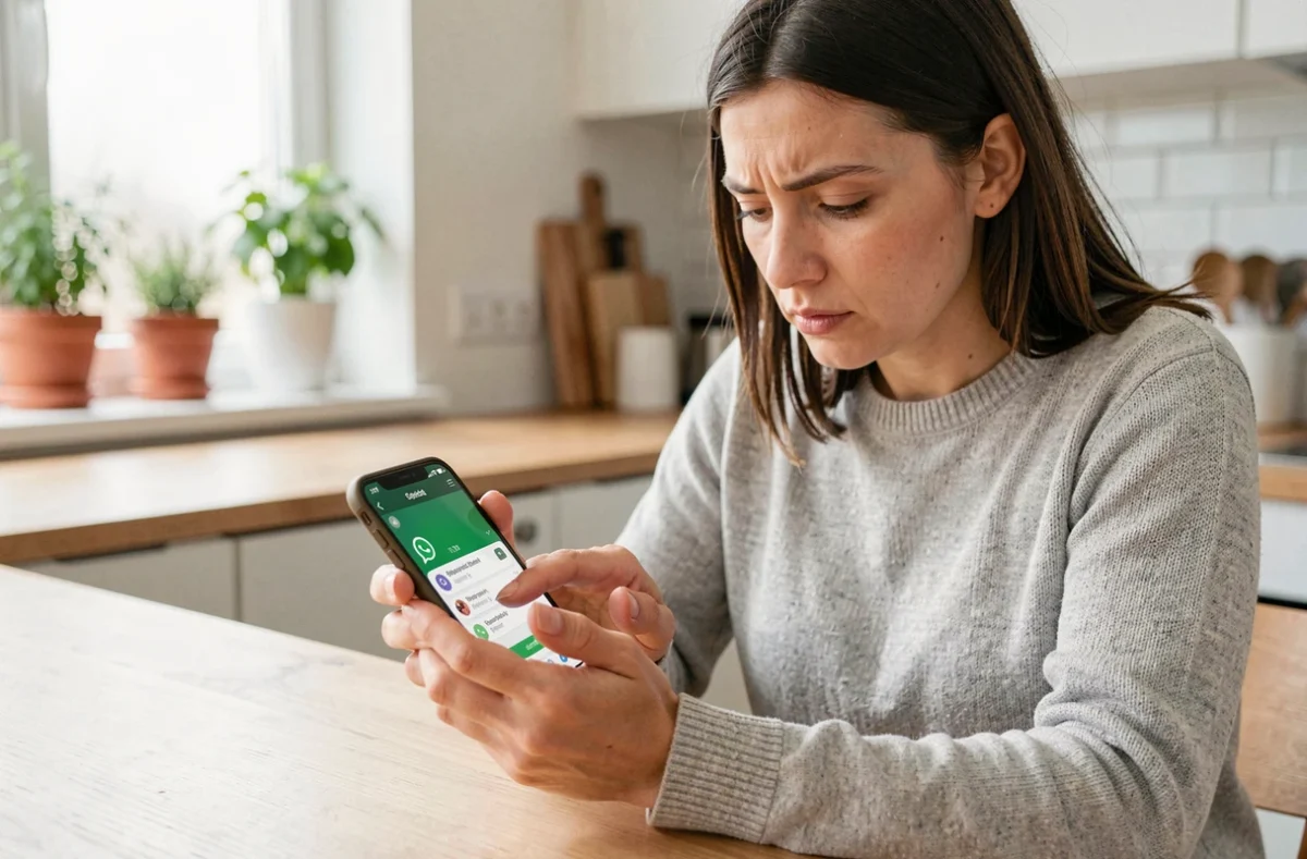 Femme vérifiant le destinataire avant d'envoyer un message programmé sur WhatsApp