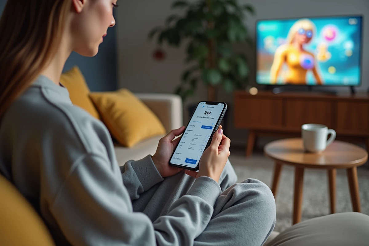 Jeune femme vérifiant ses dépenses Valorant sur smartphone depuis son salon confortable