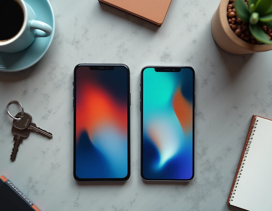 Vue de dessus de deux smartphones budget posés côte à côte sur une surface en béton avec accessoires du quotidien