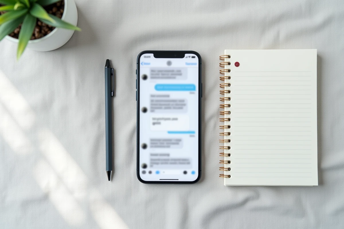 Vue aérienne d'un iPhone affichant des messages supprimés posé sur surface en lin pour illustration récupération SMS