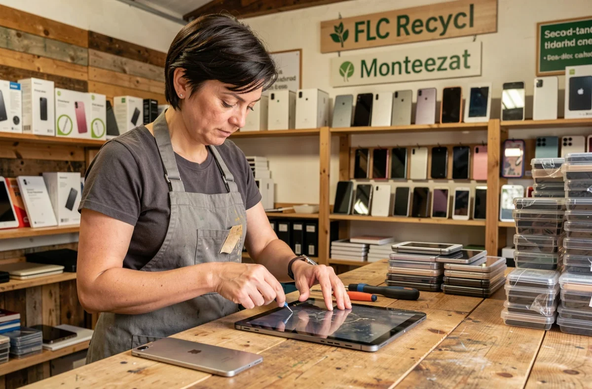 Technicienne de FLC Recycl à Montpezat démontant une tablette pour reconditionnement dans un atelier éco-responsable