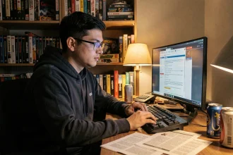 Jeune homme parcourant des archives de forum de jeux vidéo sur un écran d'ordinateur dans une chambre de gamer rétro