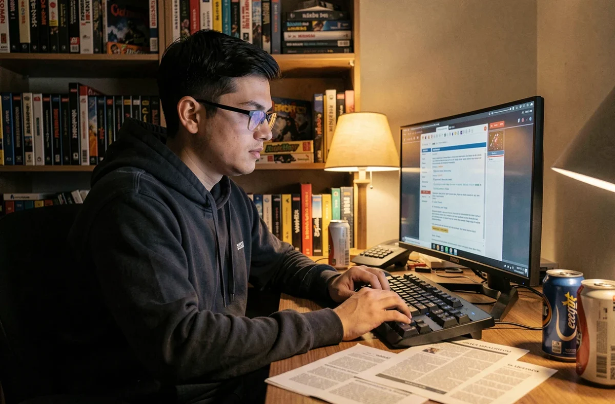 Jeune homme parcourant des archives de forum de jeux vidéo sur un écran d'ordinateur dans une chambre de gamer rétro