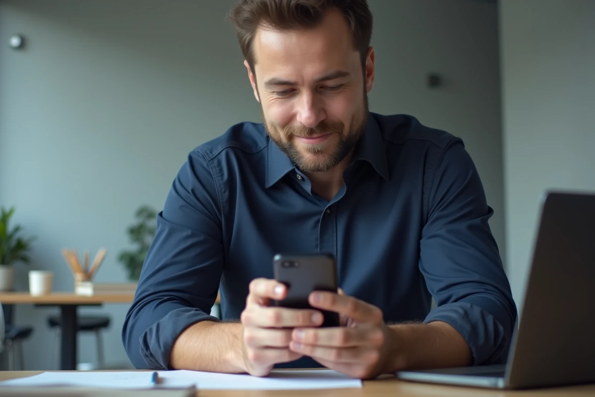 Homme au bureau utilisant son smartphone pour gérer ses contacts sur l'application Messenger