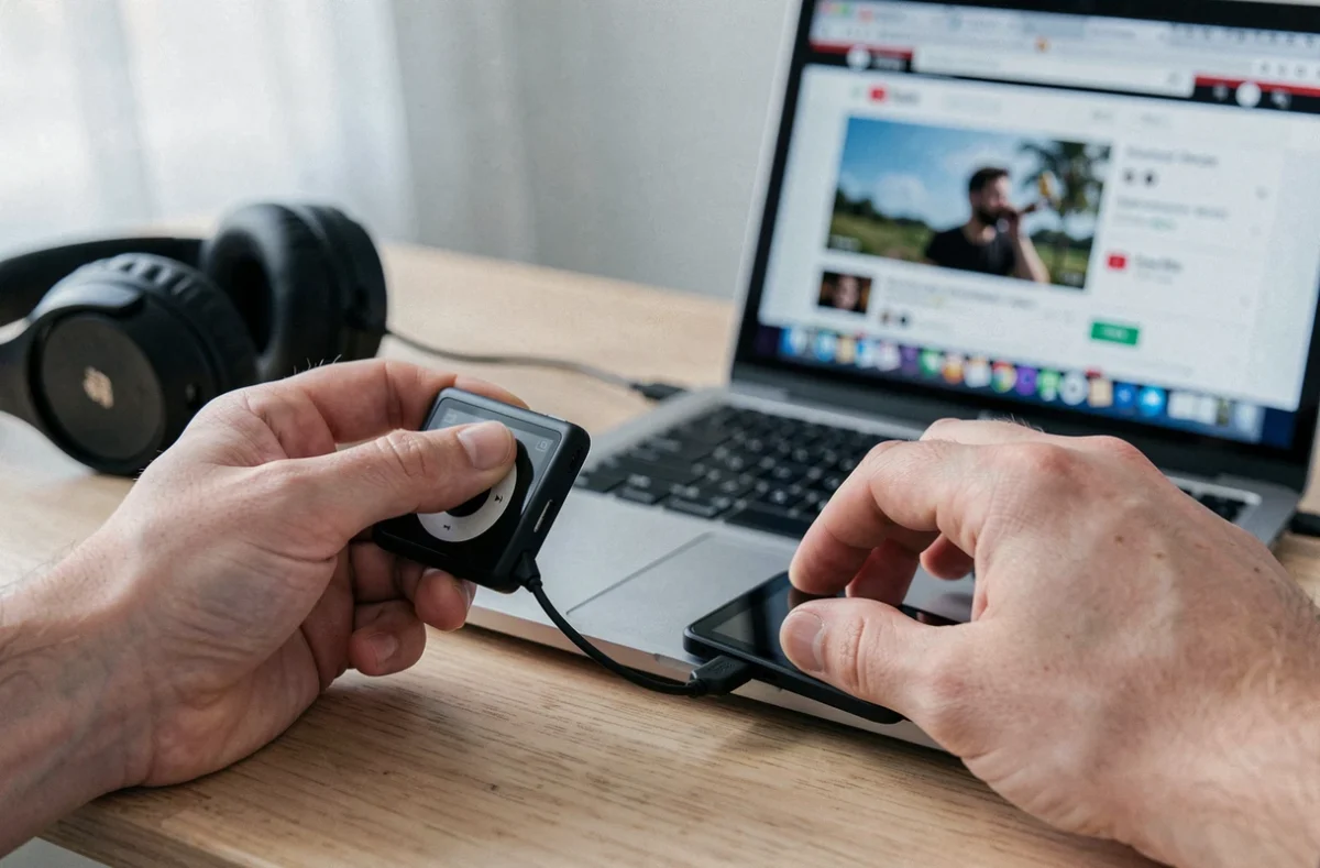 Gros plan de mains connectant un lecteur MP3 à un ordinateur portable pour télécharger de la musique YouTube
