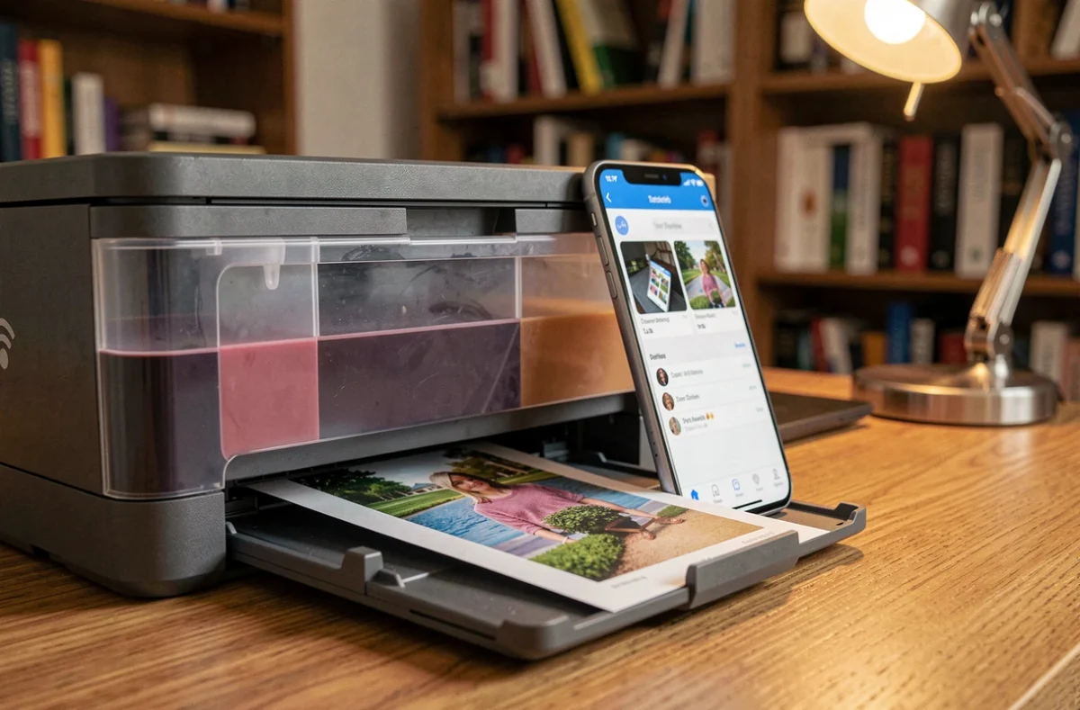 Gros plan sur une imprimante à réservoir d'encre Wi-Fi avec un smartphone affichant une application d'impression sans fil