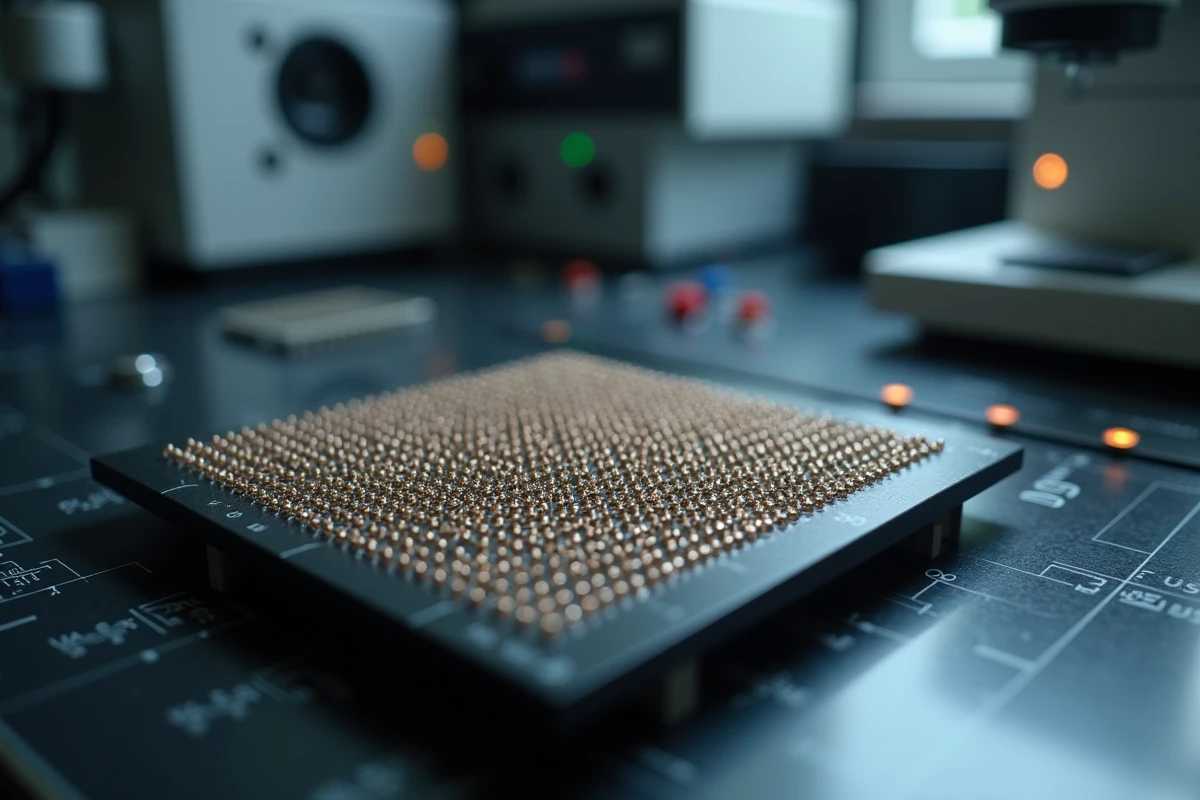 Gros plan sur des micro-billes de soudure under bump metal sur substrat de puce semiconducteur en laboratoire