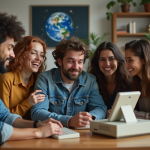 Groupe d'adultes autour d'un ordinateur vintage et téléphone mobile des années 90