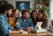Groupe d'adultes autour d'un ordinateur vintage et téléphone mobile des années 90