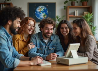 Groupe d'adultes autour d'un ordinateur vintage et téléphone mobile des années 90