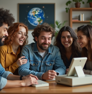 Groupe d'adultes autour d'un ordinateur vintage et téléphone mobile des années 90