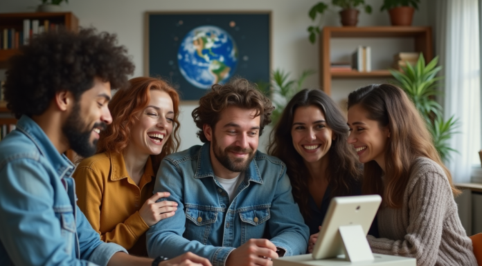 Groupe d'adultes autour d'un ordinateur vintage et téléphone mobile des années 90